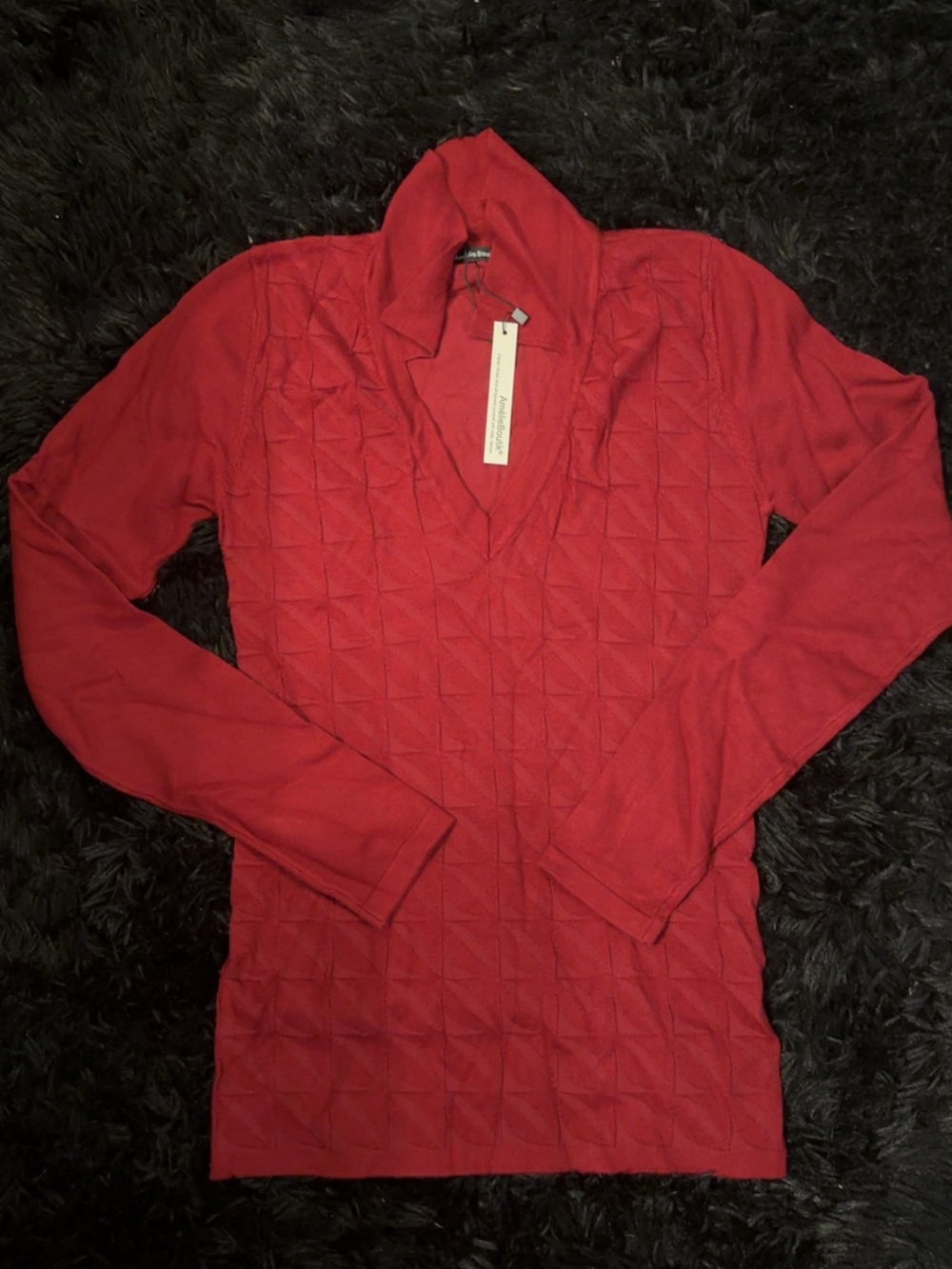Quilted V-Neck Long Sleeve Top - Red
